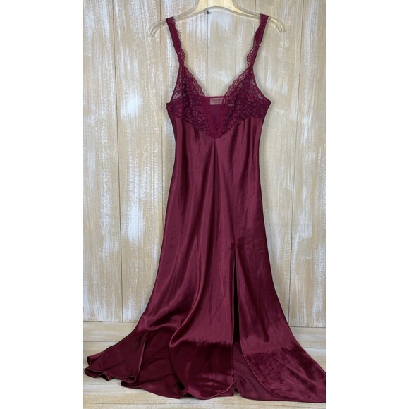 Victoria's Secret Other - Y2K Victoria’s Secret Gold Label M Long Sexy Nightgown Cranberry Satin Lace Slit